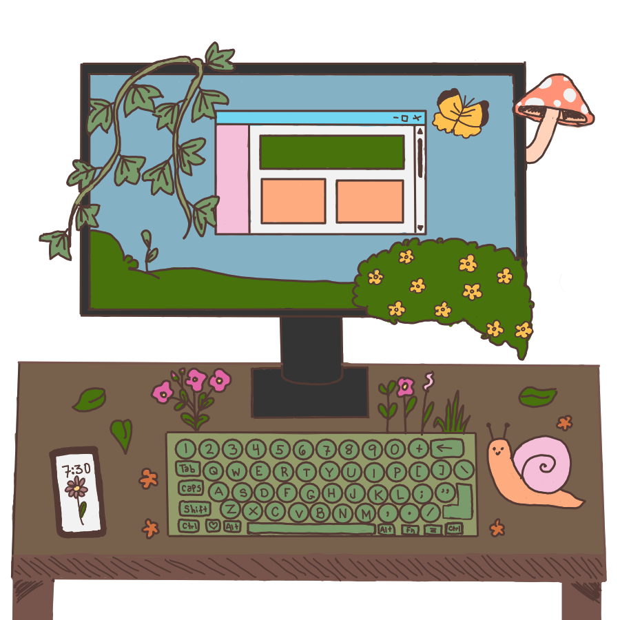 A computer monitor and keyboard overgrown with flowers.
