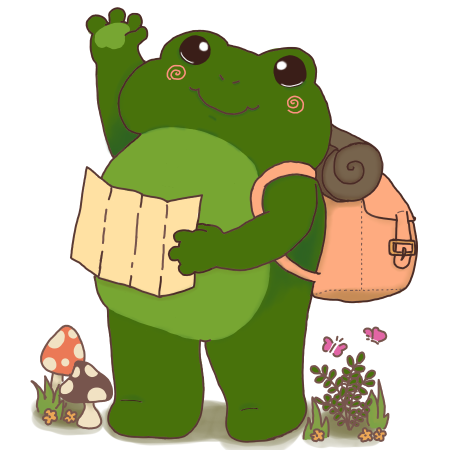Drawing of a frog holding a map and waving in a friendly way.