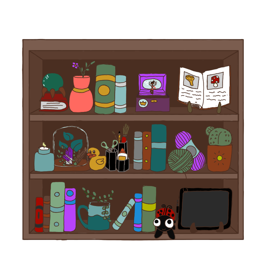 a curio shelf featuring crafted items and artist tools
